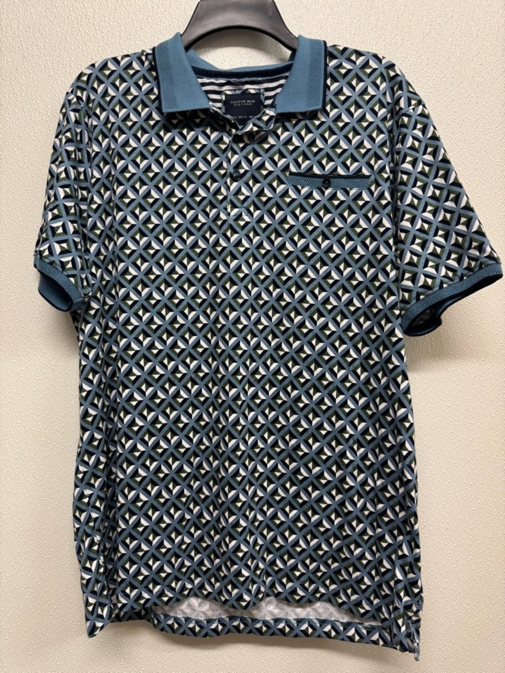 Cactus Man Ricky Singh Geo Print Polo Shirt - Blue & Olive color Sz XL